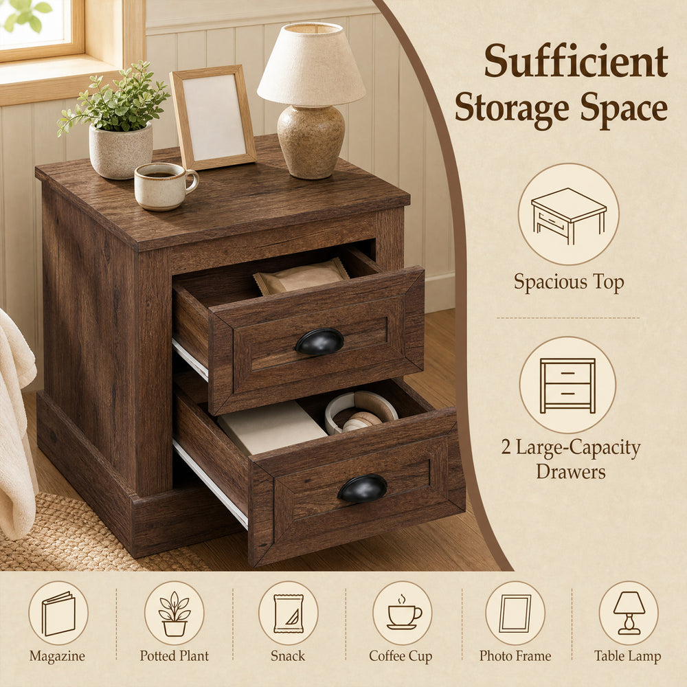 Farmhouse nightstand in brown with two large-capacity drawers, perfect for bedside storage and decor.