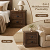 Brown farmhouse nightstand with two drawers, featuring vintage handles, ideal for bedside or couch side use.