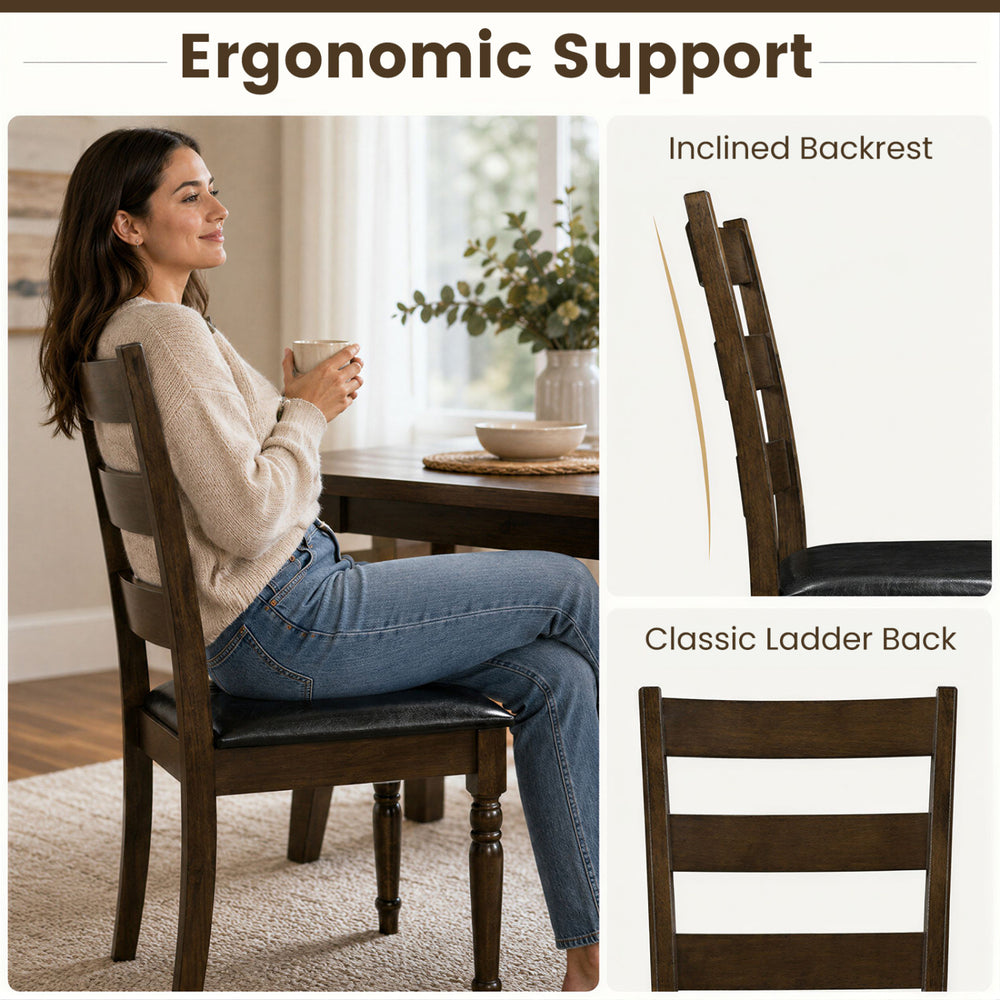 Brown PU leather upholstered dining chair set featuring an inclined backrest and classic ladder back design for comfort.