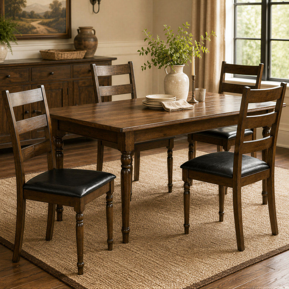 Brown PU leather upholstered dining chairs set of four with solid rubber wood frames, perfect for dining rooms or kitchens.