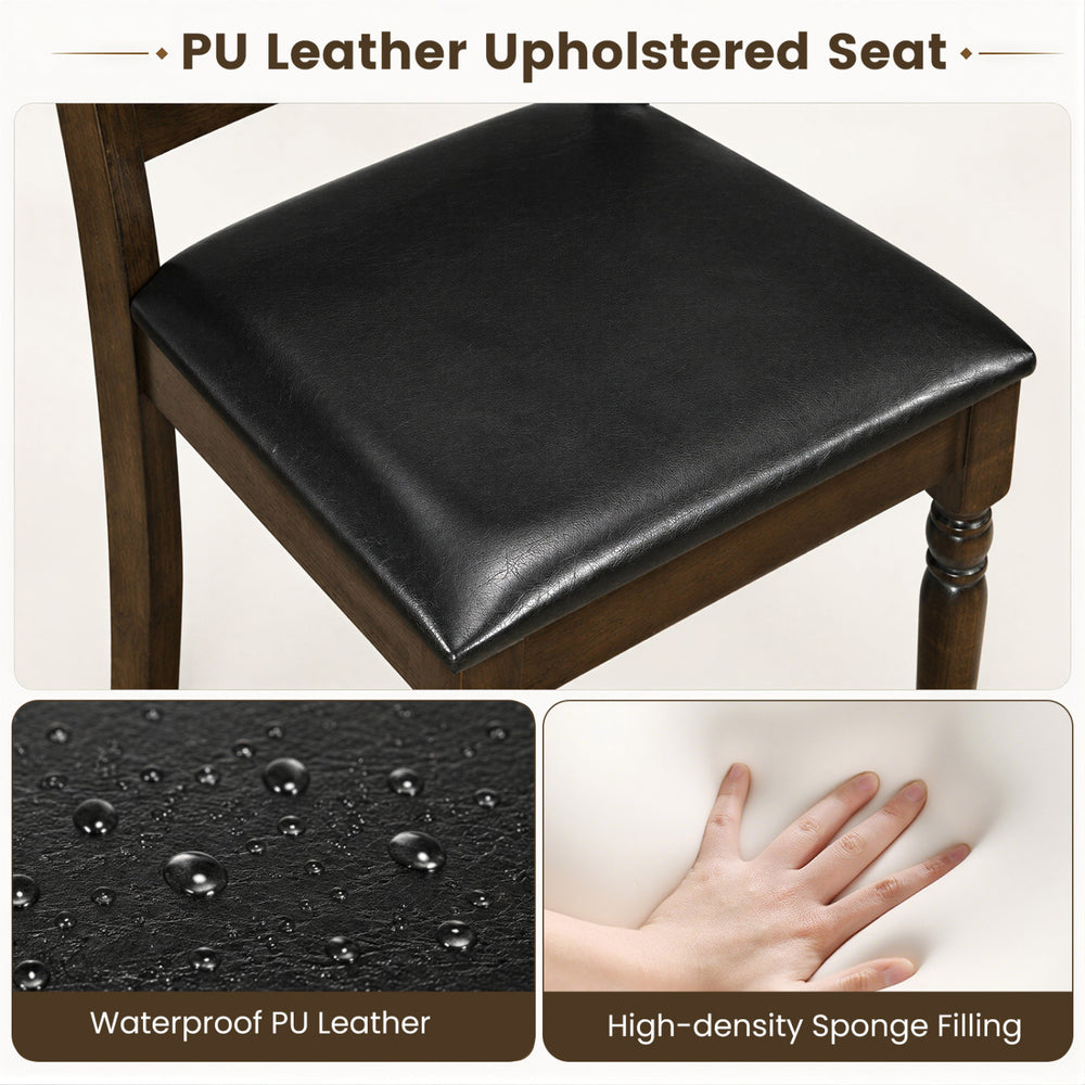 Close-up of a brown PU leather upholstered seat with resilient sponge filling, ideal for dining rooms and compact spaces.