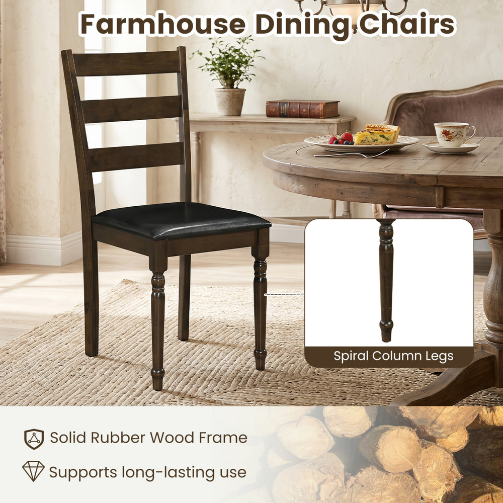 Brown farmhouse dining chair with PU leather upholstery and solid rubber wood frame, perfect for dining rooms and kitchens.