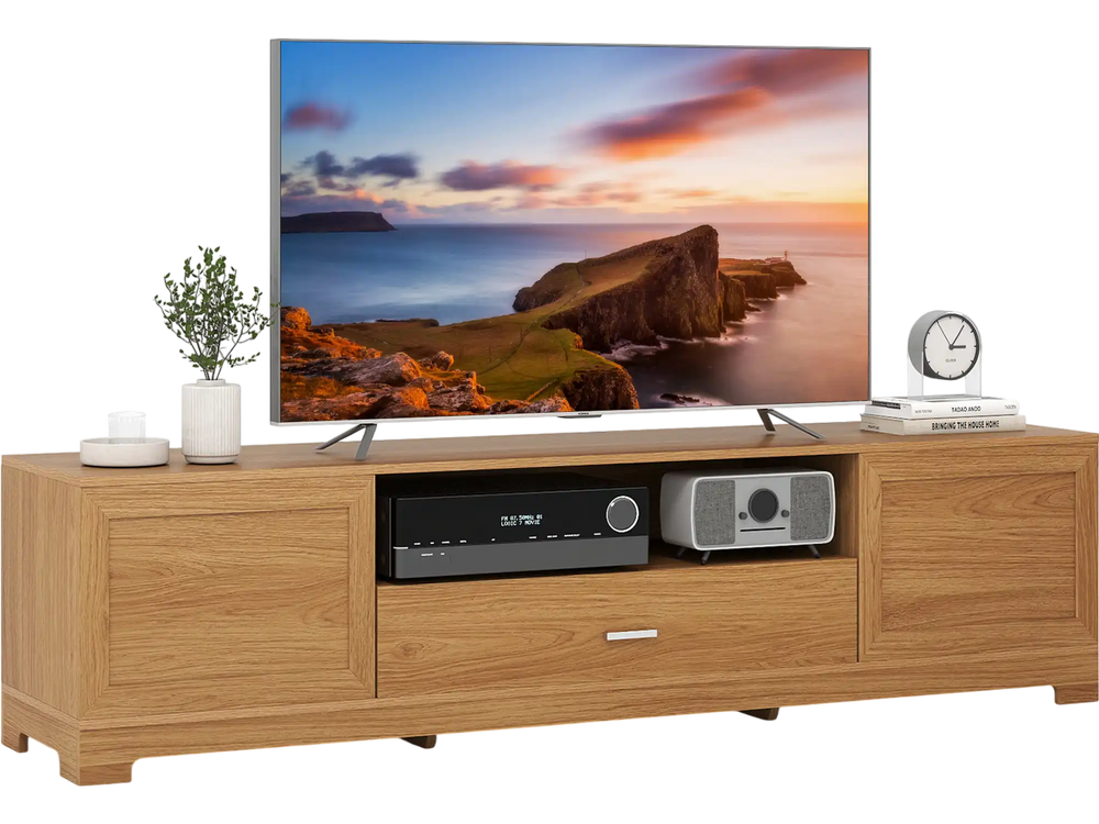 Farmhouse rustic TV stand in natural finish, accommodating TVs up to 80", with storage cabinets and cable management.