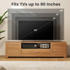 Farmhouse Rustic TV stand showcasing dimensions for TVs up to 80 inches, featuring storage cabinets and a natural.
