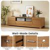 Farmhouse rustic TV stand in natural finish, featuring smooth drawer slides, metal hinges, and cable management for TVs.