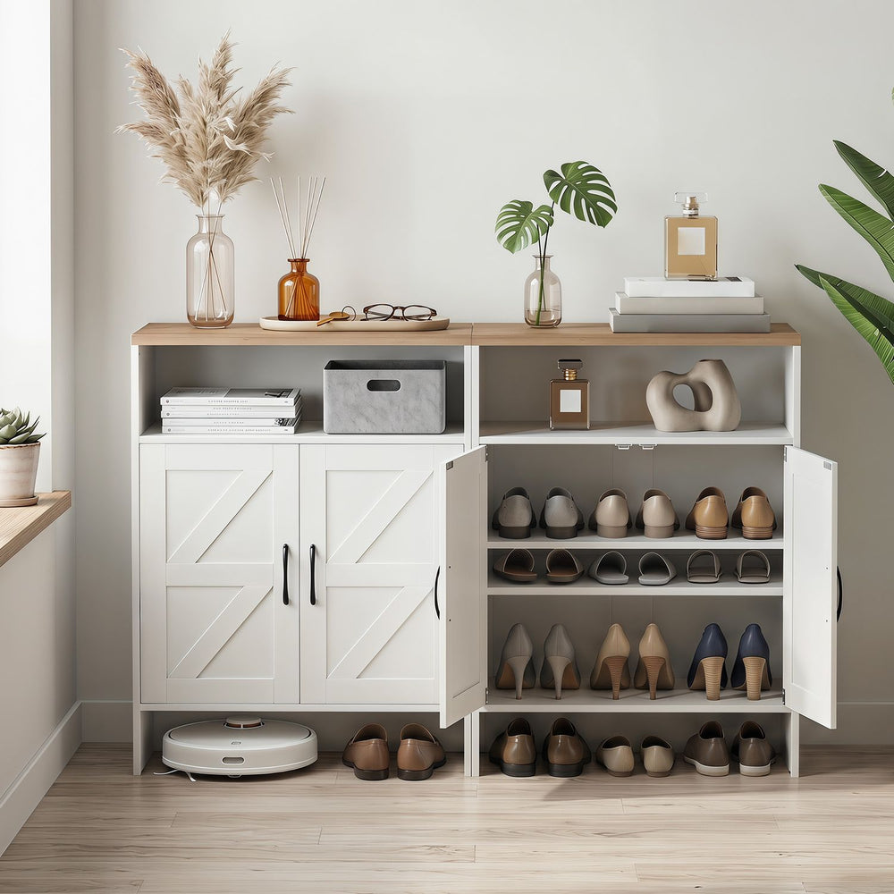 Farmhouse shoe cabinet in white with 2 barn doors and open shelf, ideal for entryway storage and decoration display.