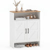 Farmhouse shoe cabinet in white with two barn doors and an open shelf, perfect for entryway storage and organization.
