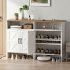 Farmhouse shoe cabinet in white with 2 barn doors and open shelf, ideal for entryway storage and organization.