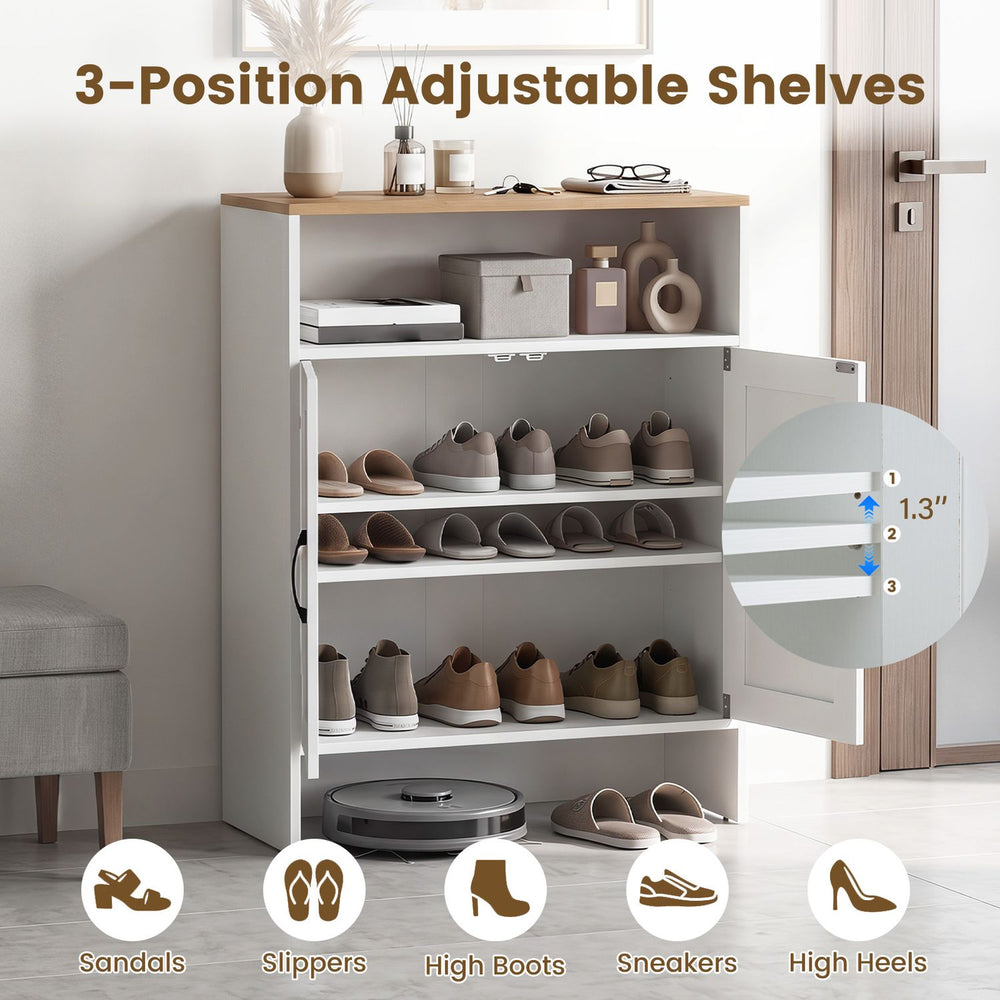 Farmhouse shoe cabinet in white with 2 barn doors and adjustable shelves for versatile entryway storage.