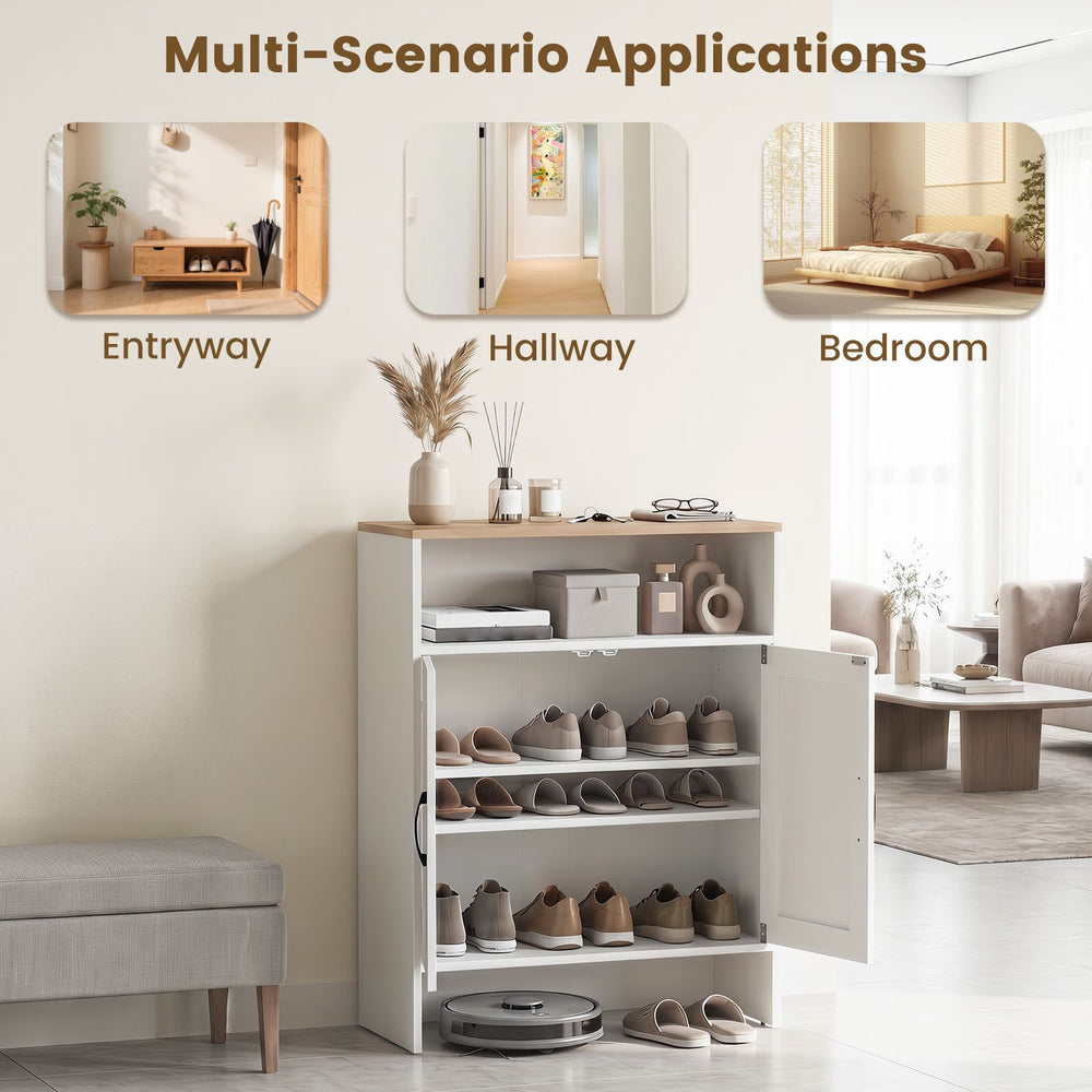 Farmhouse shoe cabinet in white features 2 barn doors, adjustable shelves, and an open shelf for versatile storage.