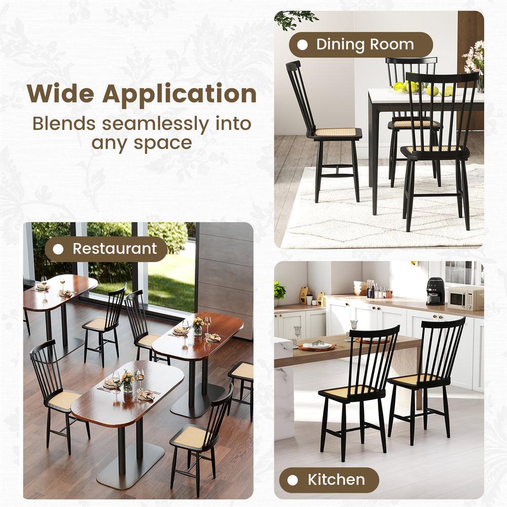 Farmhouse solid rubber wood dining chairs set of 2 with PE rattan seats, ideal for dining rooms and kitchens.
