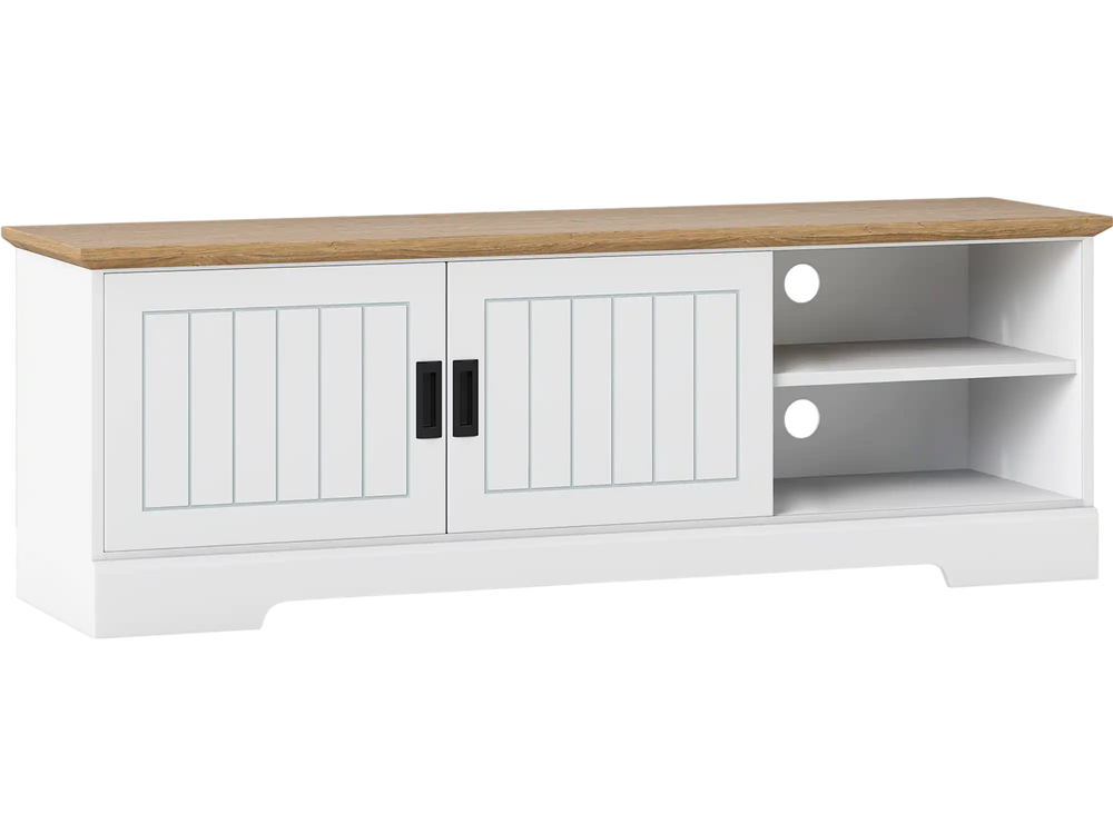 Farmhouse TV stand in white with wood top, featuring sliding doors, storage cabinets, and cable management for TVs up.