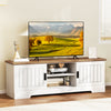 Farmhouse TV stand in white featuring smooth sliding doors, adjustable shelves, and cable management for a clean look.
