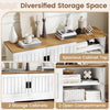 Farmhouse TV stand with spacious top, sliding doors, 2 storage cabinets, and 2 open compartments for versatile storage.