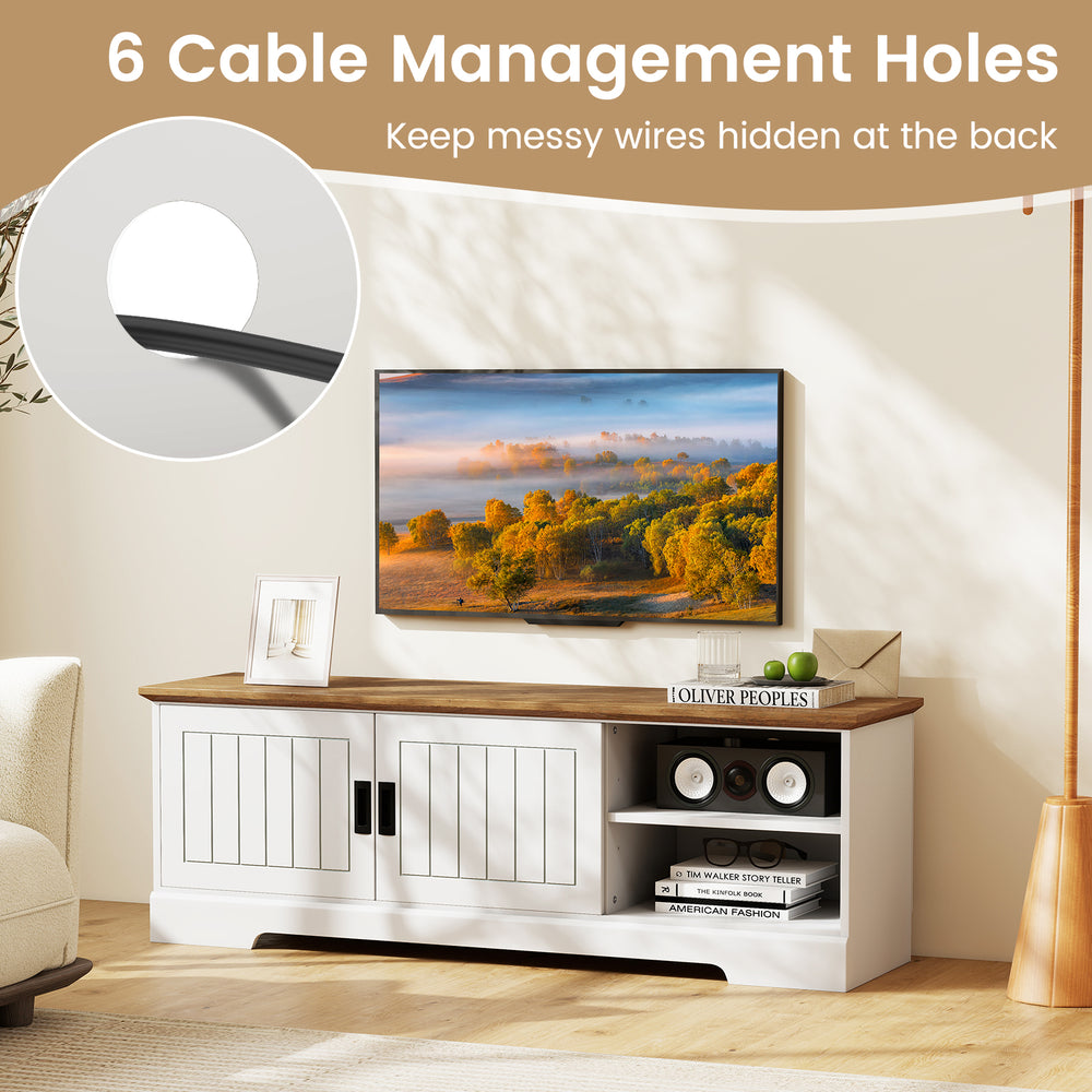 Farmhouse TV stand with sliding doors, storage cabinets, and 6 cable management holes for TVs up to 65 inches.