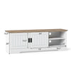 Farmhouse TV stand with sliding doors, 2 storage cabinets, and 2 open compartments for TVs up to 65 inches.
