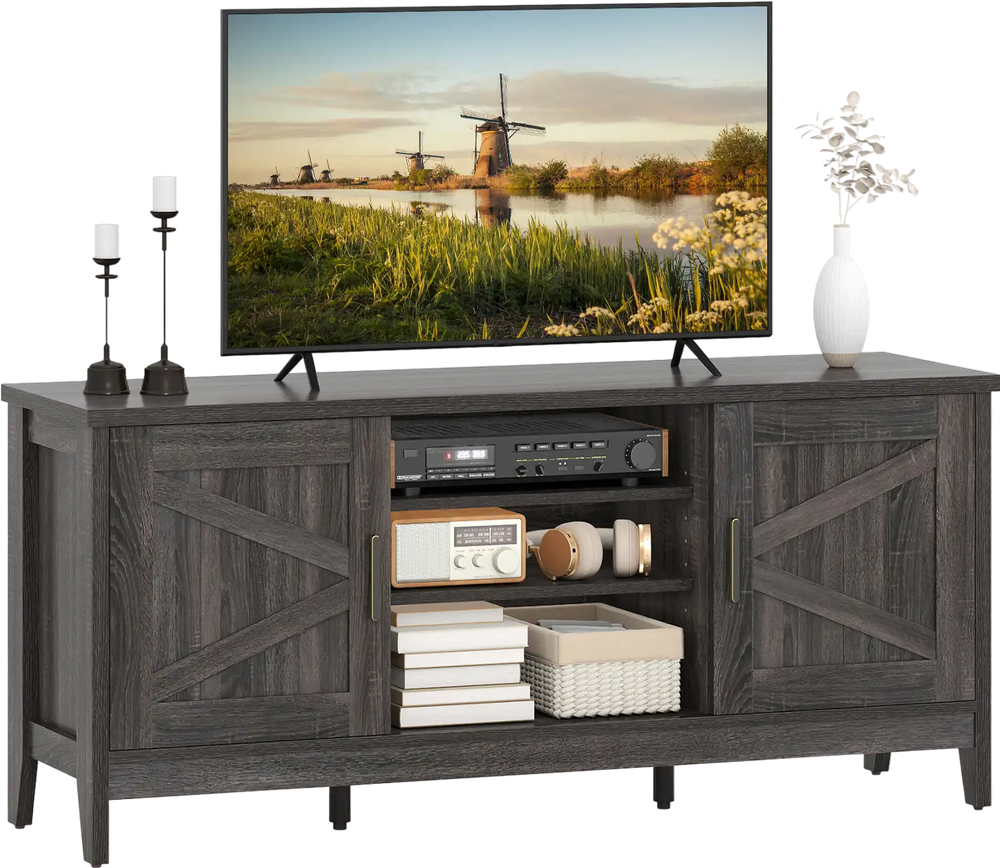 Farmhouse TV stand in gray with barn doors, adjustable shelves, and space for TVs up to 65 inches, ideal for.