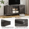 Farmhouse TV stand with barn doors, adjustable shelves, and raised legs for stability, ideal for TVs up to 65 inches.