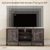 Farmhouse TV stand in gray with barn doors, accommodating TVs up to 65 inches, featuring adjustable shelves and cable.