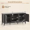 Dimensions of the gray farmhouse TV stand with adjustable shelves and barn doors, designed for TVs up to 65 inches.
