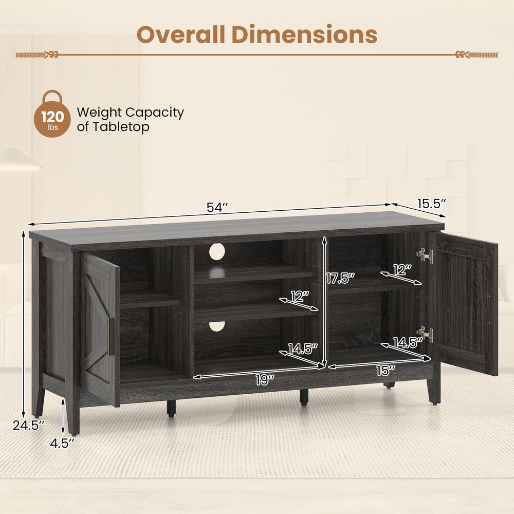 Dimensions of the gray farmhouse TV stand with adjustable shelves and barn doors, designed for TVs up to 65 inches.