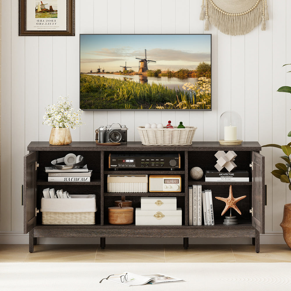 Farmhouse TV stand in gray with adjustable shelves and rustic barn doors, designed for TVs up to 65 inches.