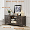 Farmhouse TV stand with wide tabletop, two enclosed cabinets, and open shelves for organized entertainment storage.