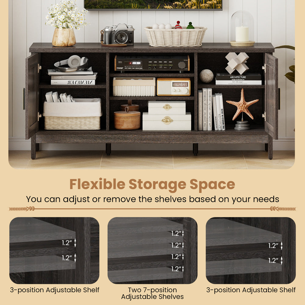 Farmhouse TV stand in gray with adjustable shelves and rustic barn doors, perfect for TVs up to 65 inches.