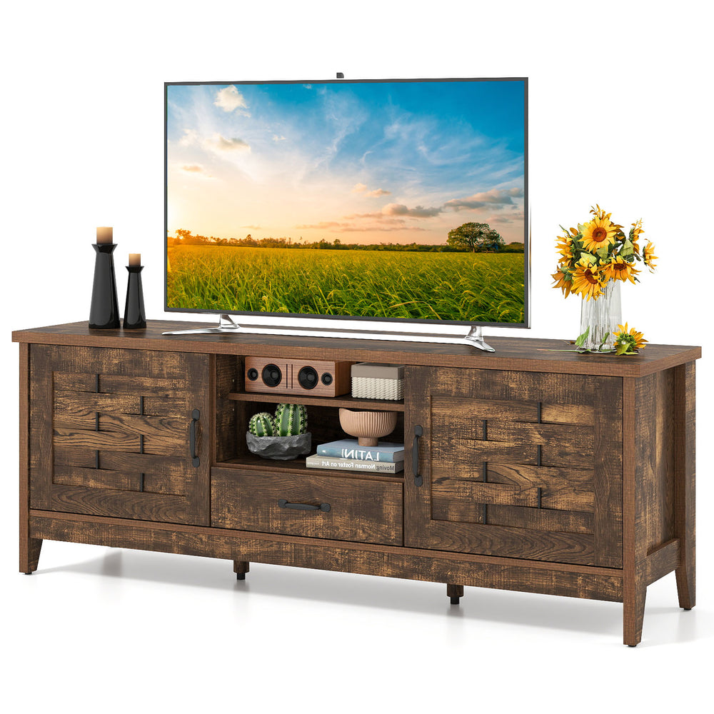 Farmhouse TV stand in rustic brown with woven accent doors, featuring 3 adjustable shelves and ample storage for.