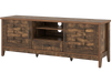 Farmhouse TV stand in rustic brown with woven accent doors, featuring 3 adjustable shelves and ample storage space.