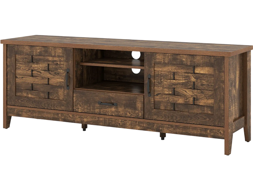 Farmhouse TV stand in rustic brown with woven accent doors, featuring 3 adjustable shelves and ample storage space.