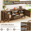 Farmhouse TV stand in rustic brown with 3 adjustable shelves, woven accent doors, and ample storage for TVs up to 65.