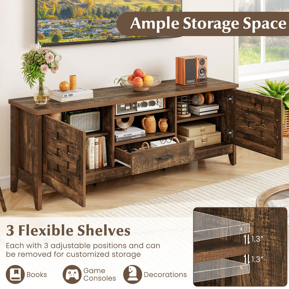 Farmhouse TV stand in rustic brown with 3 adjustable shelves, woven accent doors, and ample storage for TVs up to 65.