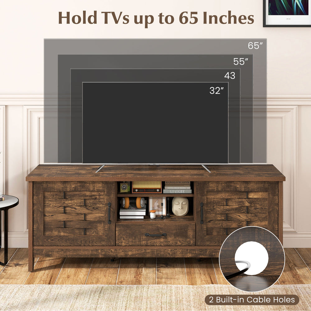 Farmhouse TV stand in rustic brown, designed for 65-inch TVs, featuring 2 woven accent doors and 3 adjustable shelves.