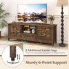 Farmhouse TV stand in rustic brown with woven accent doors, featuring 3 adjustable shelves and sturdy 6-point support.
