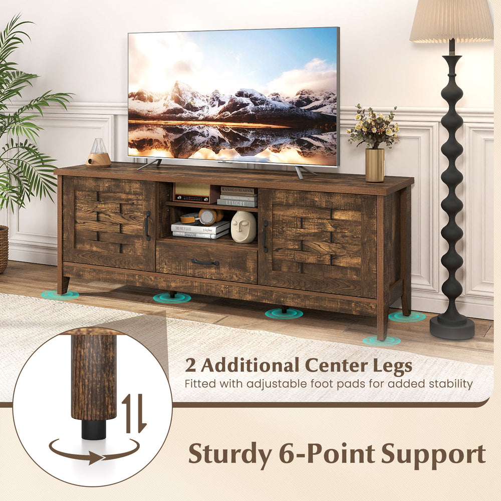 Farmhouse TV stand in rustic brown with woven accent doors, featuring 3 adjustable shelves and sturdy 6-point support.