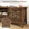 Farmhouse TV stand in rustic brown with woven accent doors, featuring 3 adjustable shelves for versatile storage.