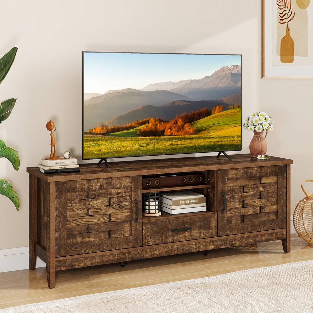 Rustic brown farmhouse TV stand featuring woven accent doors and a central drawer, ideal for stylish media storage.
