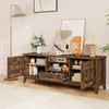 Rustic brown farmhouse TV stand showcasing woven accent doors, a central drawer, and adjustable shelves for versatile.