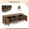 Dimensions of the rustic brown farmhouse TV stand with 3 adjustable shelves and woven accent doors for 65-inch TVs.