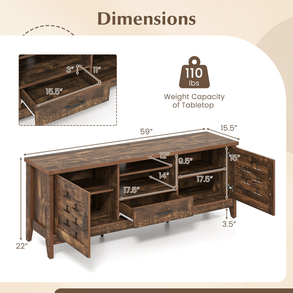 Dimensions of the rustic brown farmhouse TV stand with 3 adjustable shelves and woven accent doors for 65-inch TVs.