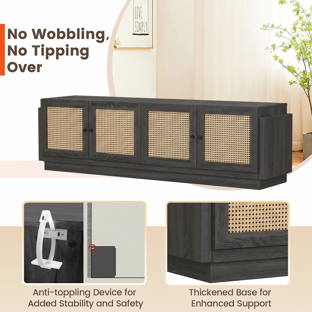 Farmhouse TV stand in black with PE rattan doors, designed for TVs up to 75 inches, featuring adjustable shelves and cable management.