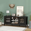 Farmhouse TV stand in black with geometric glass doors, adjustable shelves, and space for TVs up to 65 inches.
