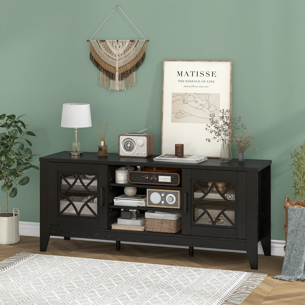 Farmhouse TV stand in black with geometric glass doors, adjustable shelves, and space for TVs up to 65 inches.