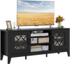 Farmhouse TV stand in black with geometric glass doors, holding a 65" TV and featuring adjustable shelves for media.