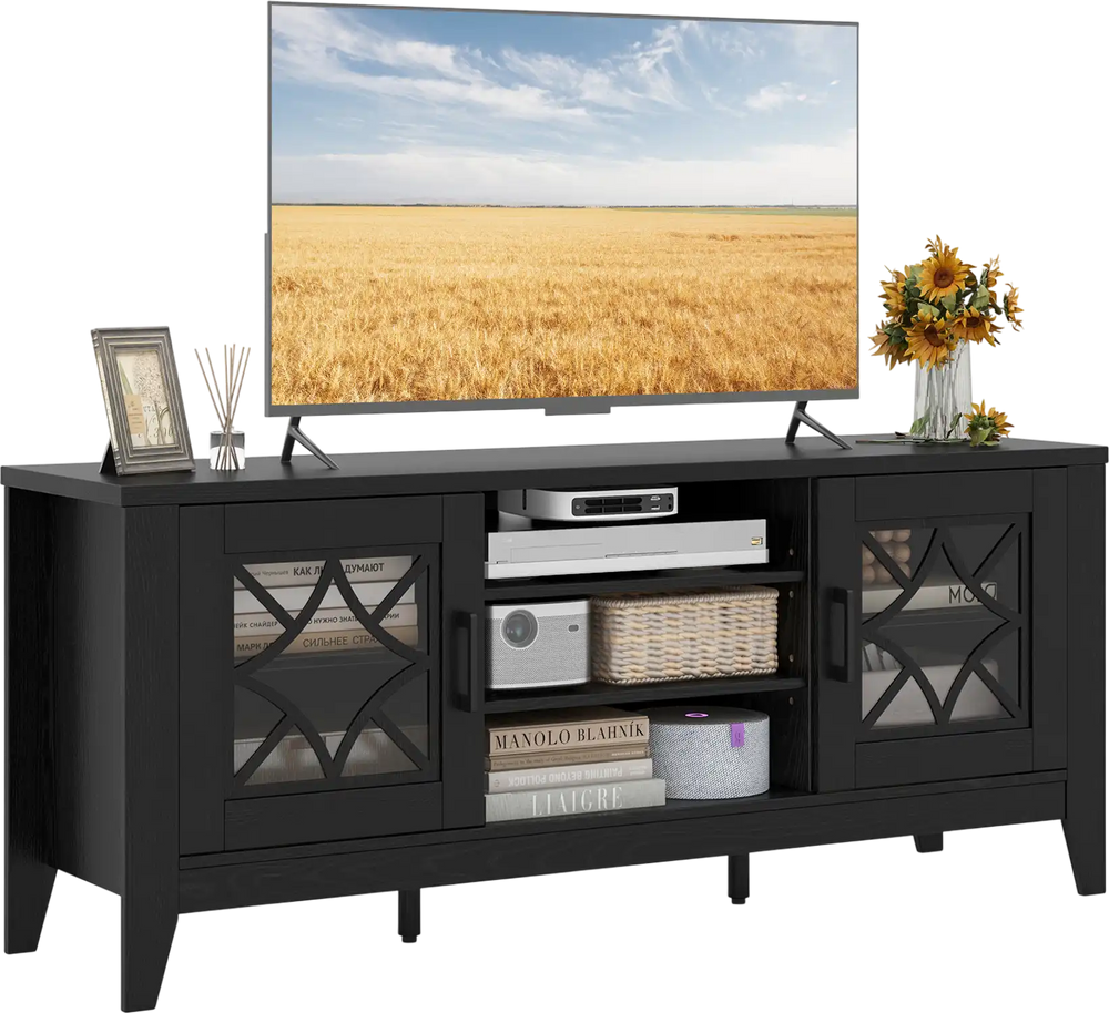 Farmhouse TV stand in black with geometric glass doors, holding a 65" TV and featuring adjustable shelves for media.