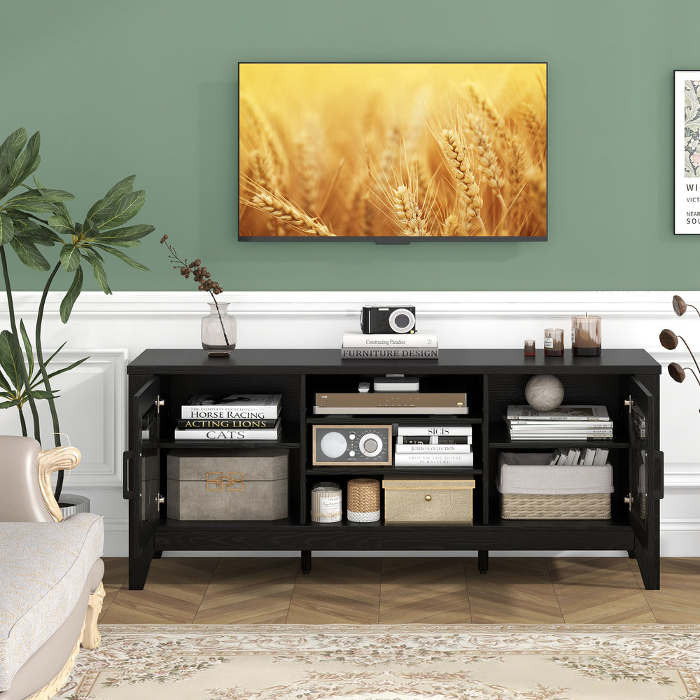 Farmhouse TV stand in black with 4 adjustable shelves and glass door cabinets, perfect for TVs up to 65 inches.