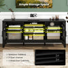 Farmhouse TV stand in black with spacious tabletop, 3 open shelves, and 2 glass door cabinets for stylish media storage.