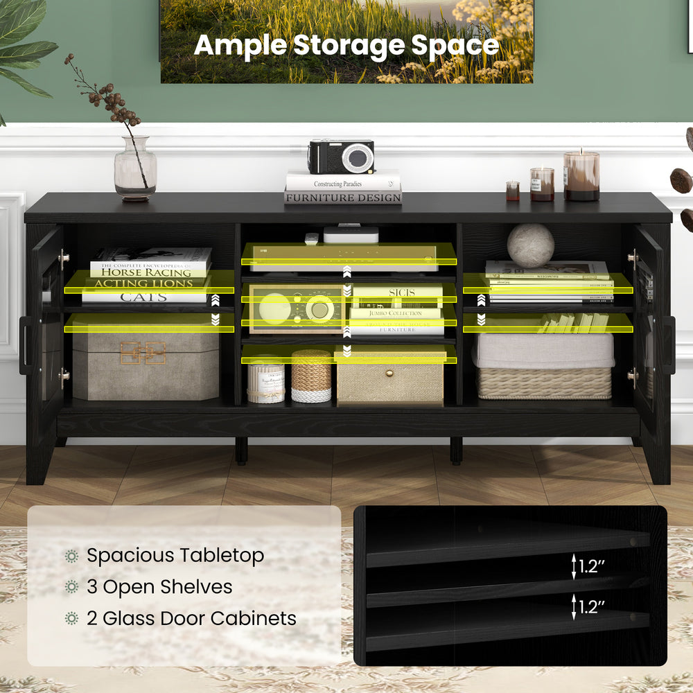 Farmhouse TV stand in black with spacious tabletop, 3 open shelves, and 2 glass door cabinets for stylish media storage.