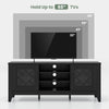 Farmhouse TV stand in black with geometric patterns, holding TVs up to 65 inches, featuring 4 adjustable shelves.